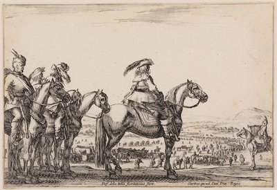 Různé postavy (Varie figure): Armáda na pochodu v rovině. Na vyvýšenině v popředí velitel a jeho doprovod, vpravo trubač od Stefano della Bella