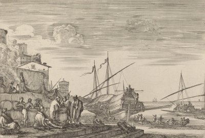 Pohled na několik domů s výhledem na přístav, pravděpodobně cca. 16541655. od Stefano della Bella