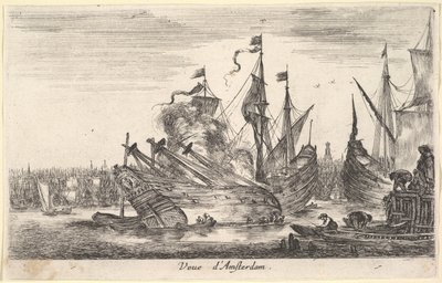 Pohled na amsterdamský přístav Veue dAmsterdam, muži ve veslicích pracují na lodi v centru..., 1647. od Stefano della Bella