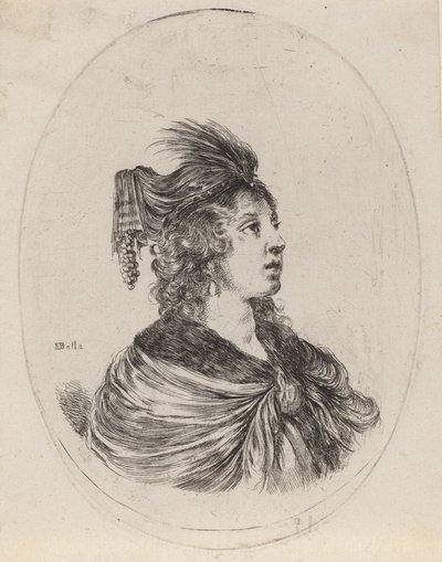 Žena v opeřeném turbanu, otočená doprava, 16491650. od Stefano della Bella