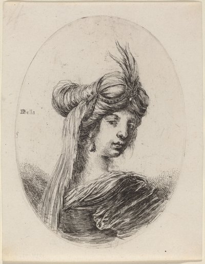 Žena v opeřeném turbanu se závojem, otočená doprava, 16491650. od Stefano della Bella