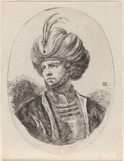 Mladý Moor s mírným plnovousem a opeřeným turbanem, otočený doleva od Stefano della Bella