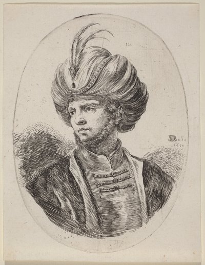 Mladý Maur s řídkým vousem a turbanem s pery, obrácený doleva od Stefano della Bella
