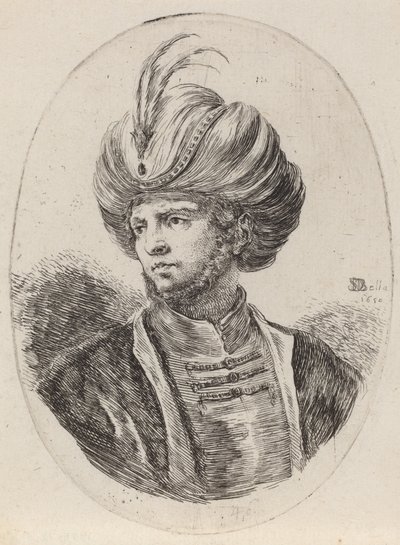 Mladý Maur s mírným plnovousem a opeřeným turbanem, otočený doleva, 1650. od Stefano della Bella