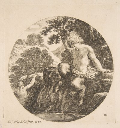 Mladý Satyr se chystá vykoupat v řece, z „Krajiny a námořní přístavy“ Paysages et ports d..., 1656. od Stefano della Bella