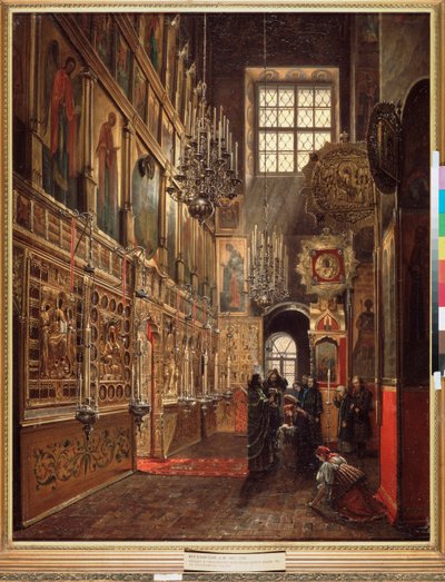 Bohoslužba v katedrále Zvěstování Panny Marie v moskevském Kremlu - obraz Štěpána Michajloviče Šuchvostova (1821-1908), olej na plátně od Stepan Mikhailovich Shukhvostov