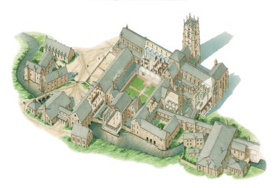 Fountains Abbey, Yorkshire, asi 1520-1539 (tuš a akvarel) od Stephen Conlin