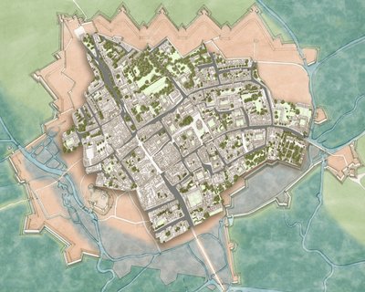 Moderní Oxford nad obranou z občanské války, cca 1644-1646 (tuš, akvarel, digitální úprava) od Stephen Conlin