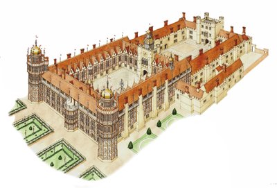 Palác Nonsuch, Surrey, asi 1540-1600 (tuš a akvarel) od Stephen Conlin