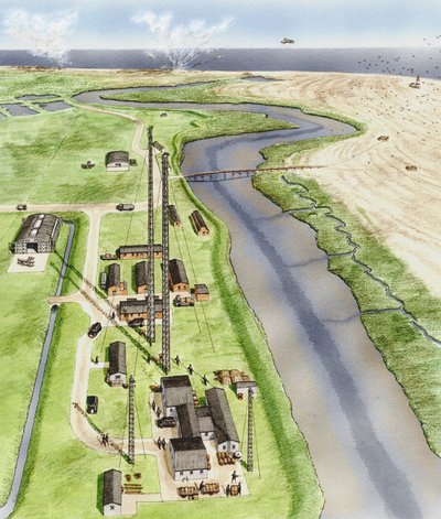 Orford Ness, Suffolk, asi 1935-1945 (tuš, airbrush, akvarel) od Stephen Conlin