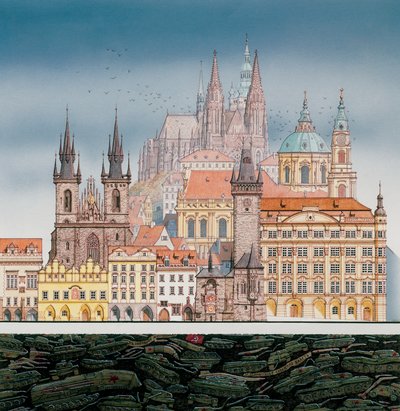 Pražské budovy a ruské tanky, cca 1980-1991 (tuš a akvarel) od Stephen Conlin