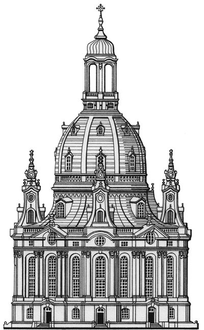 Frauenkirche, Drážďany, cca 1730-2023 (kresba 1994) (tuš) od Stephen Conlin