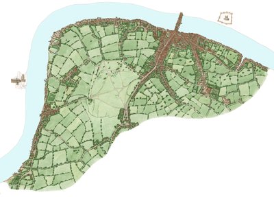 Jižní břeh, Londýn, mezi Vauxhallem a Bermondsey kolem roku 1600, 2021 (tuš a akvarel, digitální) od Stephen Conlin