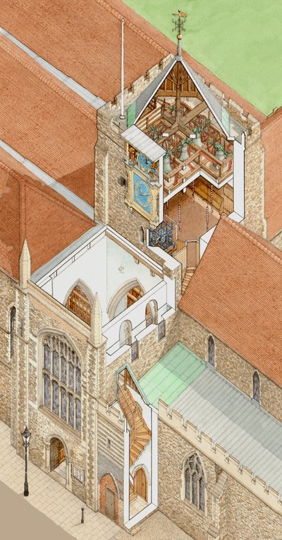 Věž kostela svaté Marie, Rye, Východní Sussex, asi 1900-2023 (tuš a akvarel) od Stephen Conlin