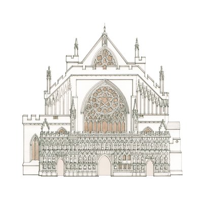 Západní průčelí katedrály v Exeteru, Devon (kresba 2002), asi 1900-2023 (tuš a akvarel) od Stephen Conlin
