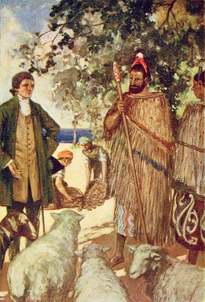 Kapitán Cook (1728-79) představuje domorodcům několik ovcí a koz, ilustrace z „The Book of Discovery“ od T.C. Mosty, vydáno 1931 (barevné lito) od Stephen Reid