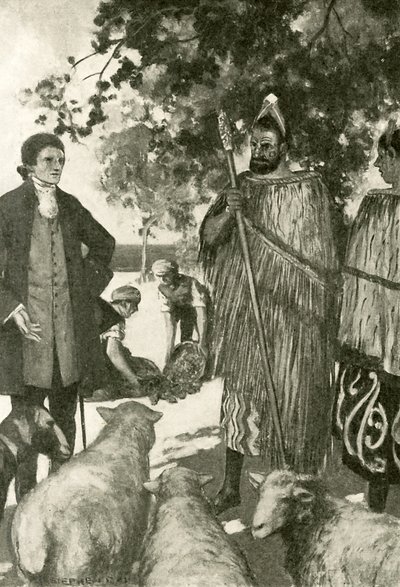 Kapitán Cook získává přízeň u domorodců (litho) od Stephen Reid