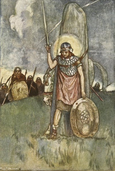 Cuchulain přichází konečně ke své smrti, ilustrace z „Cuchulain, The Hound of Ulster“ od Eleanor Hull (1860-1935) od Stephen Reid