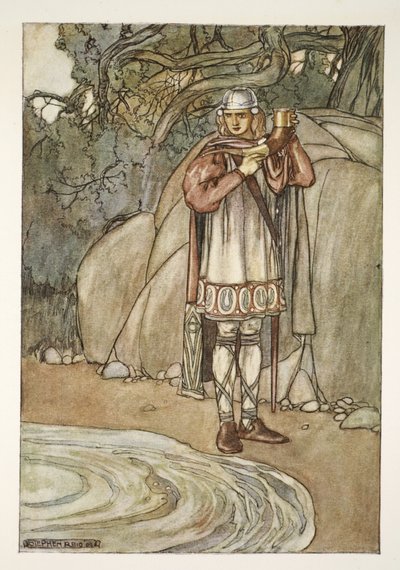 Dermot vzal roh a naplnil by ho, ilustrace z „The High Deeds of Finn, and other Bardic Romances of Ancient Ireland“ od T.W. Rolleston (barva lito) od Stephen Reid
