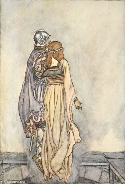 Zvedly se do vzduchu, ilustrace z „The High Deeds of Finn, and other Bardic Romances of Ancient Ireland“ od T.W. Rolleston (barva lito) od Stephen Reid