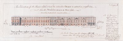 Návrh domů na obou stranách zamýšlené ulice tak, aby se táhl v pravé linii od Mansion-House k More-Gate, pokorně navržený ke zvážení, 1762 (wc nad perem a grafitem na papíře) od Stephen Riou