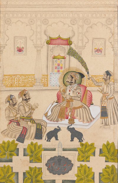 Maharana Amar Singh II jsou zobrazeni dva stříbrní sloni, ca. 1705. od Stipple Master