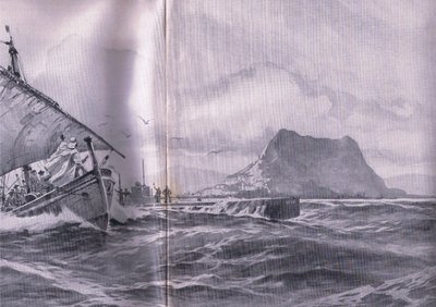 Německá ponorka proplouvající Gibralterským průlivem na cestě do Dardenel, z hospody Ilustrovaná historie světové války 1914-1915. od Union Berlagsefellfchaft od Willy Stoewer 