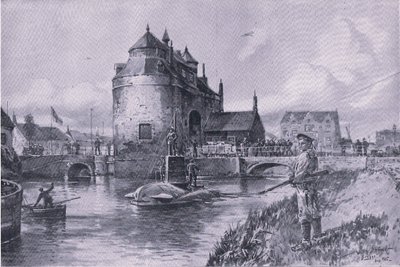 Bezpečné útočiště v Bruge, z hospody Ilustrovaná historie světové války 1914-1915. od Union Berlagsefellfchaft od Willy Stoewer 