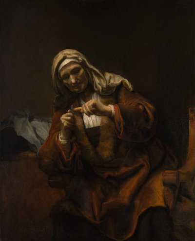 Stará žena si stříhala nehty, ca. 1655-60. od Style of Rembrandt
