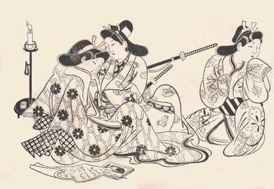 Samuraj a kurtizána sedí, sluha vedle nich, ca. 1685, ca. 1685. od Sugimura Jihei