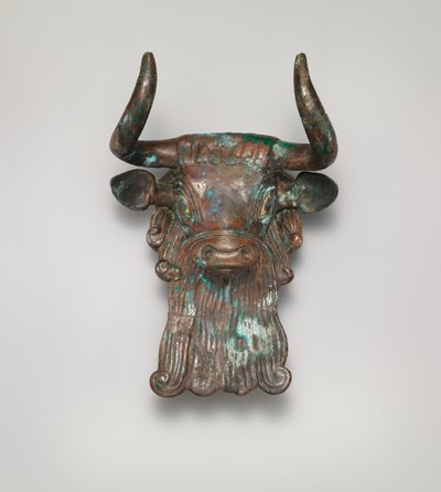 Ozdoba býčí hlavy pro lyru, cca 2600–2350 př. n. l. (bronzová, vykládaná mušlí a lapis lazuli) od Sumerian Sumerian