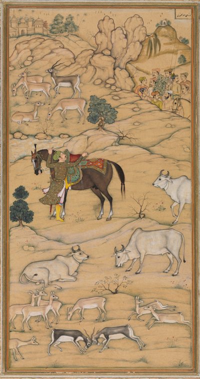 Akbar Mounting his Horse, stránka z Chester Beatty Akbar Nama Historie Akbaru, 1605-07. od Sur Das Gujarati