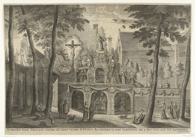 Stellage postavená v Antverpách u příležitosti kanonizace Petra z Alcantary v roce 1669 Vyobrazení kamenné skály na počest sv. Petra Alcantary při svatořečení X. září. MDCLXIX do Antverp (název na objektu) od Susanna Verbruggen (possibly)
