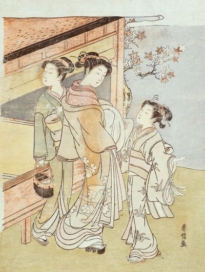 Lady and Her Attendant Meet a Messenger (dřevěný tisk) od Suzuki Harunobu