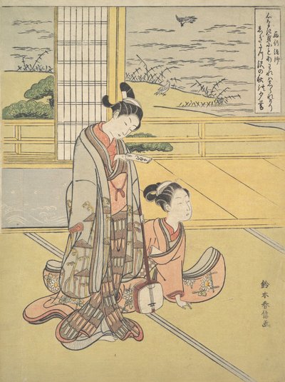 Mladý muž a žena se Shamisenem, Monk Saigyo, ze série narážející na Thre..., ca. 1768. od Suzuki Harunobu