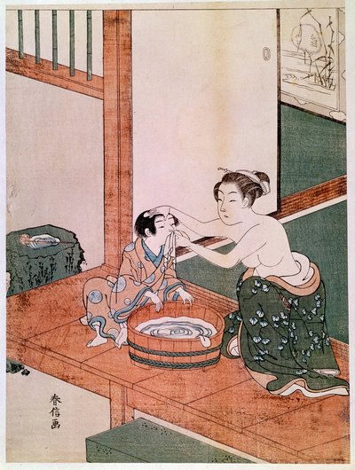 Nahá matka myje své dítě v Japonsku poblíž umyvadla naplněného vodou. Tisky Haronobu Suzuki (1725 -1770). 1766-1768. Ztlumit. 0,27x0,201 m. Paříž, Guimetovo muzeum, Národní muzeum asijského umění od Suzuki Harunobu