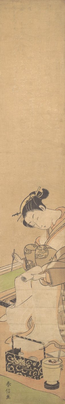 Oiran sedí na posteli, píše dopis, ca. 1769, ca. 1769. od Suzuki Harunobu
