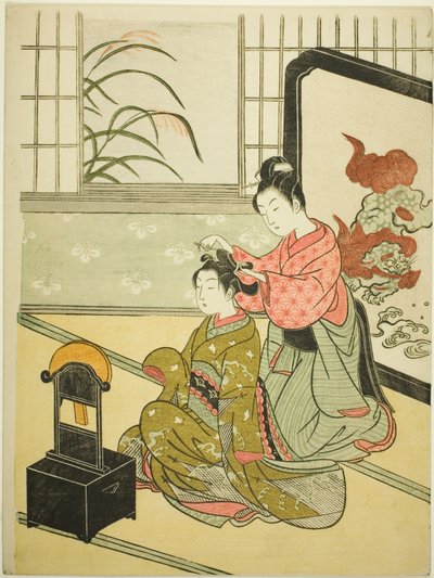 Podzimní měsíc v zrcadle (Kyodai no Shugetsu), ze série "Osm pohledů do salonu (Zashiki hakkei)" od Suzuki Harunobu