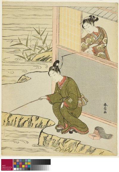 Krása škádlení mladého muže Rybaření, c. 1768 od Suzuki Harunobu
