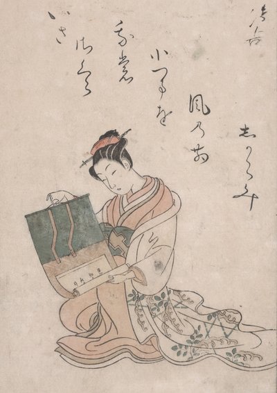 Beauty Unrolling Scroll, cca 1770 (barevný dřevoryt na japonském papíře) od Suzuki Harunobu