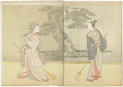 Tisk kalendáře Meiwa 2 a Mitate of the No_ Play Takasago, 1765 od Suzuki Harunobu