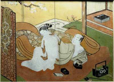 Pár milenců ležící v interiéru s obrazovkou, kaligrafická krabice tisk Nishiki-e (Nishiki e) od Suzuki Harunobu (1725-kolem 1770) 1765 cca. Slunce. 20,6x27,8 cm Soukromá sbírka od Suzuki Harunobu
