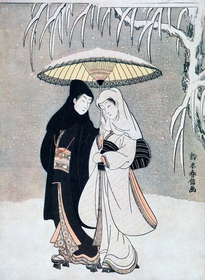 Vrána a volavka, aneb Mladí milenci, kteří spolu chodí pod deštníkem ve sněhové bouři, c1769. od Suzuki Harunobu