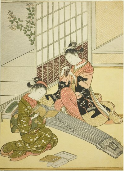 Sestupné husy z kotských mostů (Kotoji no rakugan), ze série „Osm pohledů do salonu (Zashiki hakkei)“ od Suzuki Harunobu