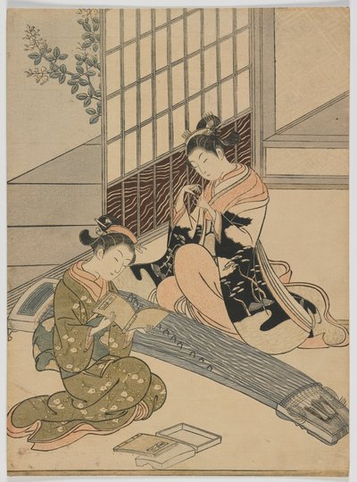 Descending Huss of the Koto, Edo period, c.1766 (barevný dřevořez) od Suzuki Harunobu