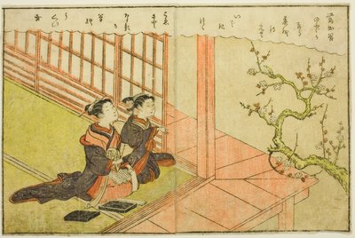 Dvoustránkový obrázek z dílu sv. 1 z "Obrázkové knihy jarních brokátů (Ehon haru no nishiki)" od Suzuki Harunobu