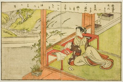 Dvoustránkový obrázek z dílu sv. 2 z "Obrázkové knihy jarních brokátů (Ehon haru no nishiki)" od Suzuki Harunobu