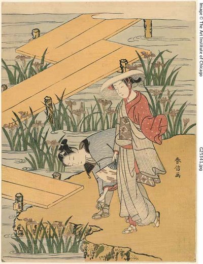 Osmiplaňkový most (parodie na „Tales of Ise“) od Suzuki Harunobu