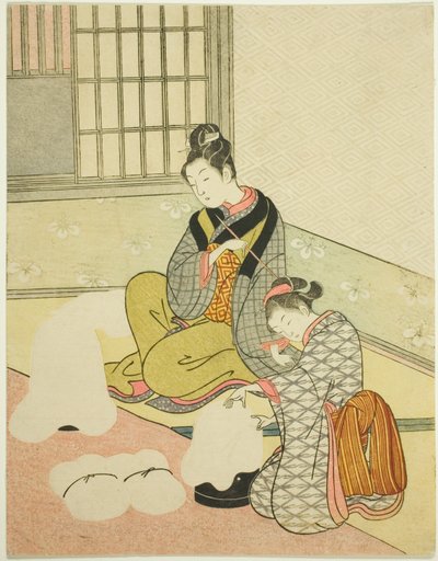 Večerní sníh na tvarovači nití (Nurioke no bosetsu), ze série „Osm pohledů do salonu (Zashiki hakkei)“ od Suzuki Harunobu
