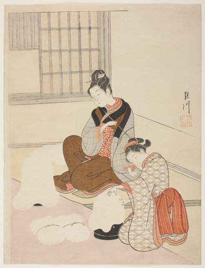 Večerní sníh na tvarovači nití (Nurioke no bosetsu), ze série „Osm pohledů do salonu (Zashiki hakkei)“ od Suzuki Harunobu